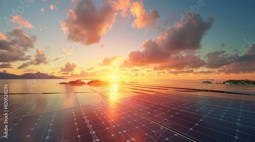 Solar panels set against a sunset, symbolizing clean energy.