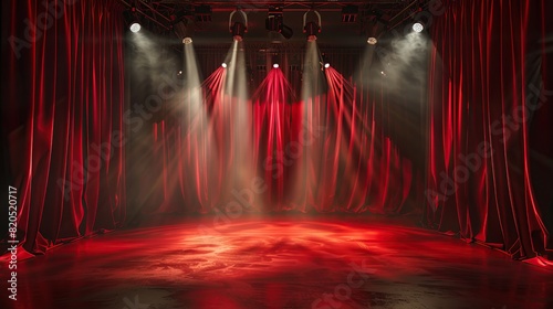 Performance stage with red curtain, smoke and spotlight.