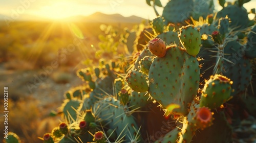 Prickly pear cactus with vibrant green fruit, illuminated by the golden light of a desert sunset, capturing the arid beauty of the landscape in close detail