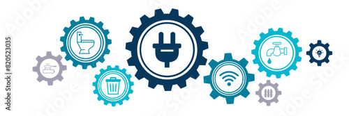Public utilities vector illustration. Concept with connected icons related to water supply, electricity, gas, sanitation, household waste including internet access and telephone line. 