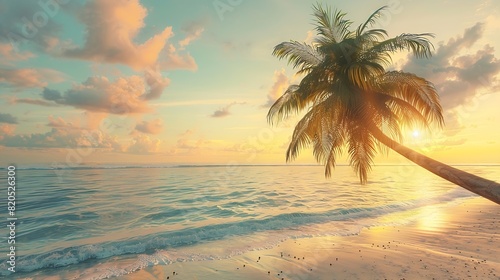 Island palm tree sea sand beach Panoramic beach landscape Inspire tropical beach seascape horizon Orange and golden sunset sky calmness tranquil relaxing summer mood Vacation travel ho : Generative AI