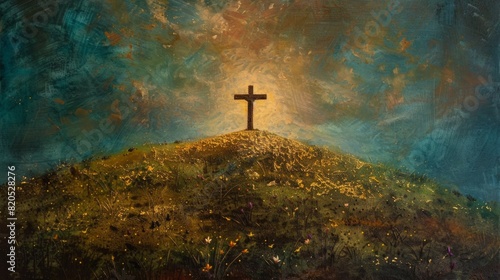 A painting of a cross on a hill with a bright sun shining on it