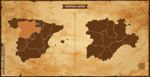 Castile–León state map, Spain map with federal states in A vintage map based background, Political Spain Map