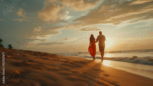 Lovely romantic couple walking on sunset beach enjoying evening light relaxing on tropical summer vacation Honeymoon Love Back view Woman wearing orange maxi dress : Generative AI