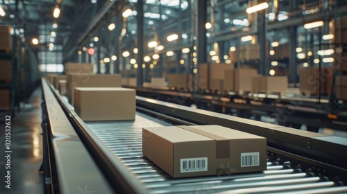 High-detail shot of multiple cardboard packages on a conveyor belt in a warehouse, showcasing the automation and precise logistics management