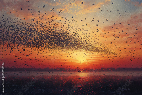Capture the graceful dance of thousands of starlings in murmuration, forming intricate, swirling patterns against the sunset sky