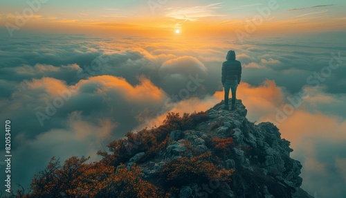 A lone figure stands atop a rocky peak, surveying the vast expanse of clouds below. The setting sun casts a golden glow on the scene, creating a breathtaking vista.