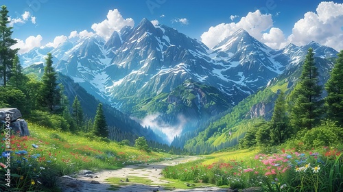 Create a beautiful landscape painting of a mountain valley