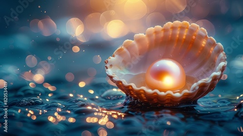 A beautiful pearl sits in an oyster shell, surrounded by glistening water droplets. The soft light of dawn illuminates the scene.