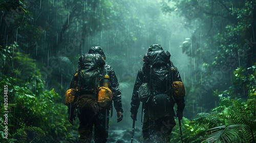 Two explorers trek through the dense jungle, the rain pouring down on them
