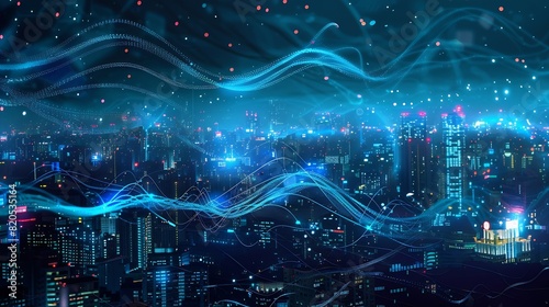 Smart city and big data connection technology concept with digital blue wavy wires with antennas on night megapolis city skyline background double exposure : Generative AI