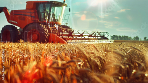A majestic combine harvester works tirelessly in a vast wheat field, reaping the ripe crop under the watchful gaze of stock exchange charts illustrating agricultural product prices