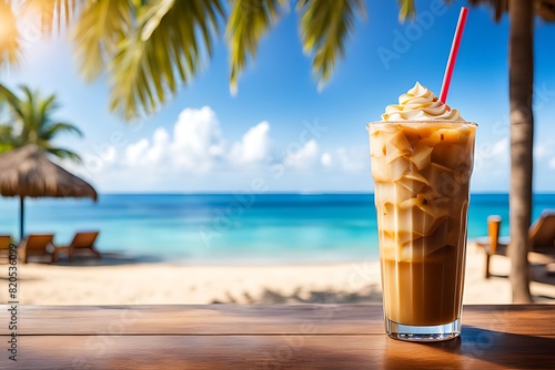 Beach bar's iced cold coffee against a tropical sea view, ai generative