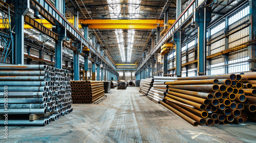 A vast warehouse teeming with countless pipes, with steel beams stacked high and filling the space