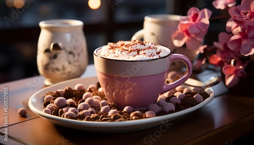 Cup of cappuccino with marshmallows and cookies