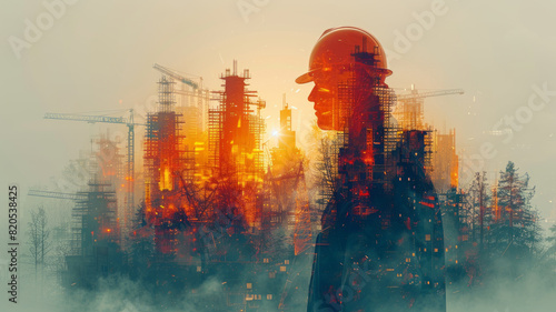 Double exposure graphic design transforms the construction scene,generative ai