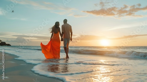 Lovely romantic couple walking on sunset beach enjoying evening light relaxing on tropical summer vacation Honeymoon Love Back view Woman wearing orange maxi dress : Generative AI