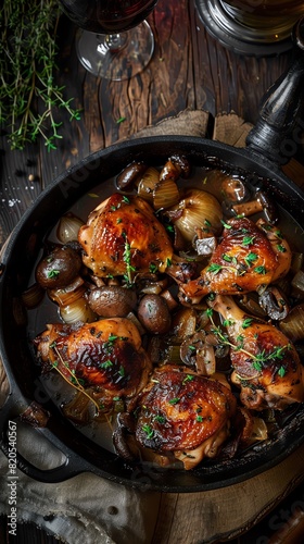 Coq au vin, chicken cooked in wine with mushrooms and onions, French farmhouse kitchen