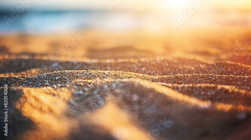 Closeup of sand on beach and blue summer sky Panoramic beach landscape Empty tropical beach and seascape Orange and golden sunset sky soft sand calmness tranquil relaxing sunlight summ : Generative AI