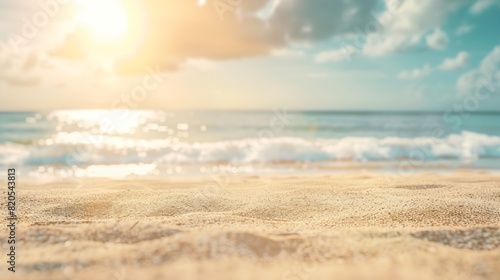 Abstract blur defocused background nature of tropical summer beach with rays of sun light Golden sand beach sea water against blue sky with white clouds Copy space summer vacation conc : Generative AI