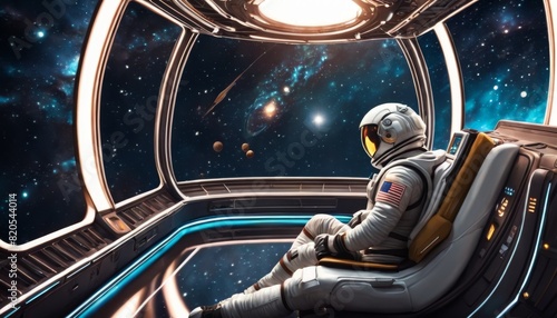 An astronaut gazes out into the vastness of space from a spacecraft's window, capturing a moment of solitude amidst the cosmos.. AI Generation