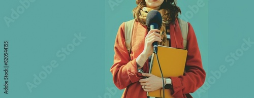Confident young female journalist holding a microphone and a notebook, ready to report the news.
