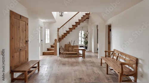 A wide-angle shot of the entrance hall, the staircase, and the rustic wooden bench. selective focus