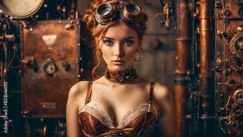 Steampunk inspired model in copper toned lingerie mechanical accessories vintage industrial studio adventurous look