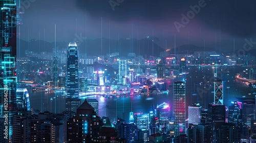 Smart network and Connection technology concept Hong Kong digital city background at night in victoria harbour Cyberpunk color style Panorama view : Generative AI