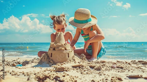 Boy and girl playing on the beach on summer holidays Children building a sandcastle at the sea : Generative AI