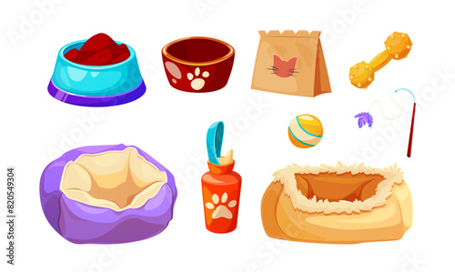Dog or cat shop goods icon with food bag vector. Puppy supplies for house in store. Isolated pet care product collection. Ball, bottle and different canine indoor home interior element and accessories