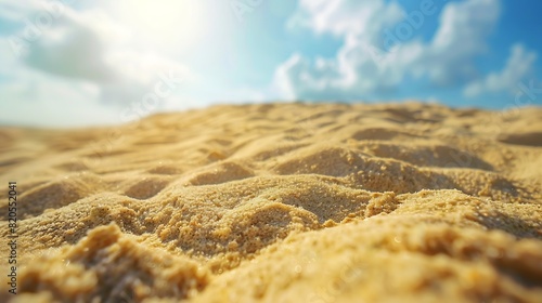 Closeup of sand on beach and blue summer sky Panoramic beach landscape Empty tropical beach and seascape Orange and golden sunset sky soft sand calmness tranquil relaxing sunlight summ : Generative AI