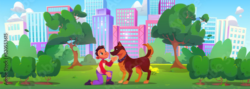 Boy with dog in green city park garden cartoon. Urban summer cityscape view with funny character and pet walk. Central town forest environment scene. Horizontal outdoor modern skyscraper graphic