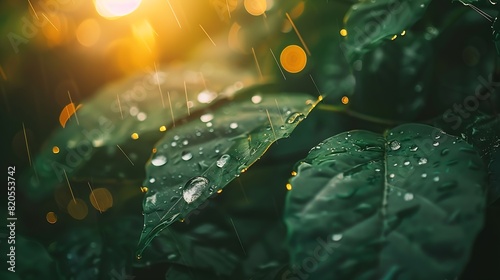 Large beautiful drops of transparent rain water on a green leaf macro Drops of dew in the morning glow in the sun Beautiful leaf texture in nature Natural background : Generative AI
