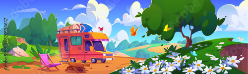 Camping truck on summer landscape. Vector cartoon illustration of travel van, chaise lounge and firewood on hill with green grass, trees and flowers, color butterflies in air, clouds in sunny blue sky