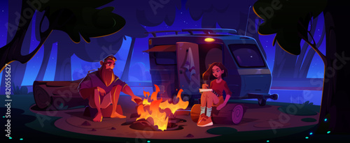Man and woman sitting near bonfire in forest at night. Cartoon vector illustration of dark dusk woodland landscape with couple in campsite. Male and female characters near fire during travel on van.