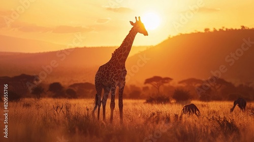 Giraffes on safari in Kenya Wild animals are in focus sunset background Sharp details, wide angle images