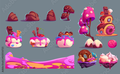 Game level ui design assets for dream candy land scenery creation. Cartoon vector set of sweet dessert elements - ground platform, jump islands, house and plants made from cake, ice cream, chocolate.