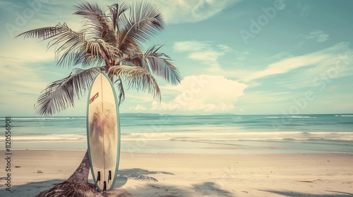 Surfboard and palm tree on beach with beach sign for surfing area Travel adventure and water sport relaxation and summer vacation concept vintage color tone image : Generative AI