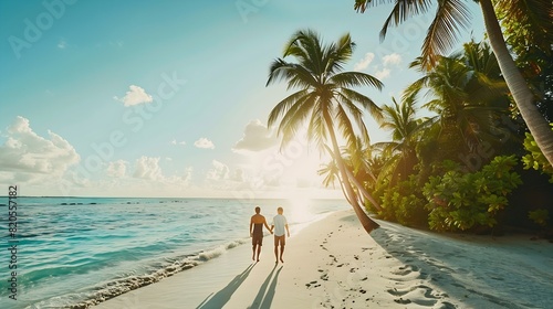 A couple walking in the morning sunshine on a tropical beach baa atoll maldives : Generative AI