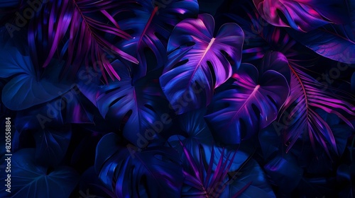 intense blue and violet tropical plant glowing neon exquisite leaves close up abstract nature background dark blue and purple toned Leaf details Future exotic trendy concept daring col : Generative AI