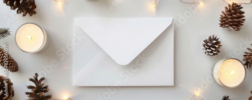  White paper sheet with envelope on the side and pine cones, fairy lights around, candles on pure clean white background, happy new year consept.