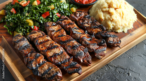 A platter of Kenyan nyama choma, with tender grilled meat marinated in spices, served with ugali, sukuma wiki, and kachumbari salad, for a flavorful and satisfying meal.