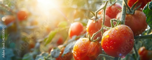 Ripe tomatoes with morning dew and sunlight.