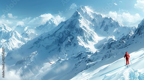 A snowy mountain landscape with skiers gliding gracefully down the slopes