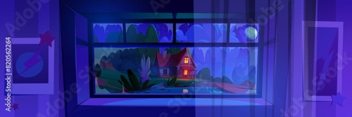 Home window view on outside night house landscape illustration. Summer time in evening or nighttime with building on swamp scenery. Forest countryside for dark Halloween panoramic background