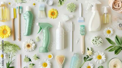 flowers of various colors, and different household cleaning supplies on a white surface.