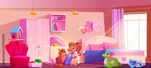 Kid girl with cat in Pink bedroom interior cartoon background. Girly room with bed, wardrobe, window and armchair. Female little school character sit on floor carpet with pet in cute modern nursery.