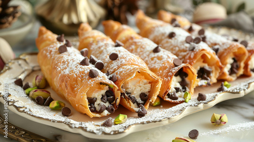 A platter of savory cannoli, with crispy pastry shells filled with sweetened ricotta cheese and chocolate chips, garnished with pistachios and powdered sugar, for a delightful Italian dessert.
