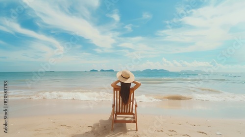 Summer beach travel vacation concept Happy traveler asian woman with hat relax on chair beach at Pattaya Chon Buri Thailand : Generative AI